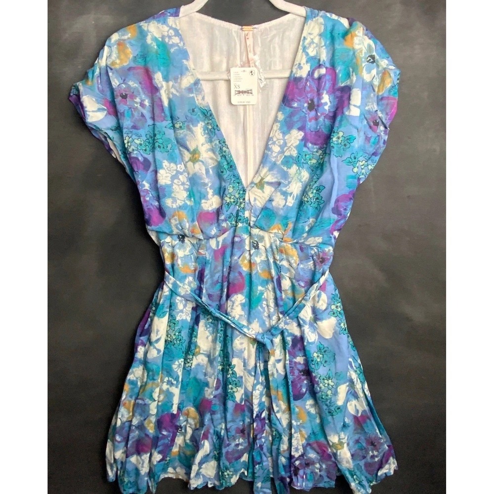 Free People XS Blue Floral Mini Dress NWT V-Neck Tie Waist Boho Summer Indie